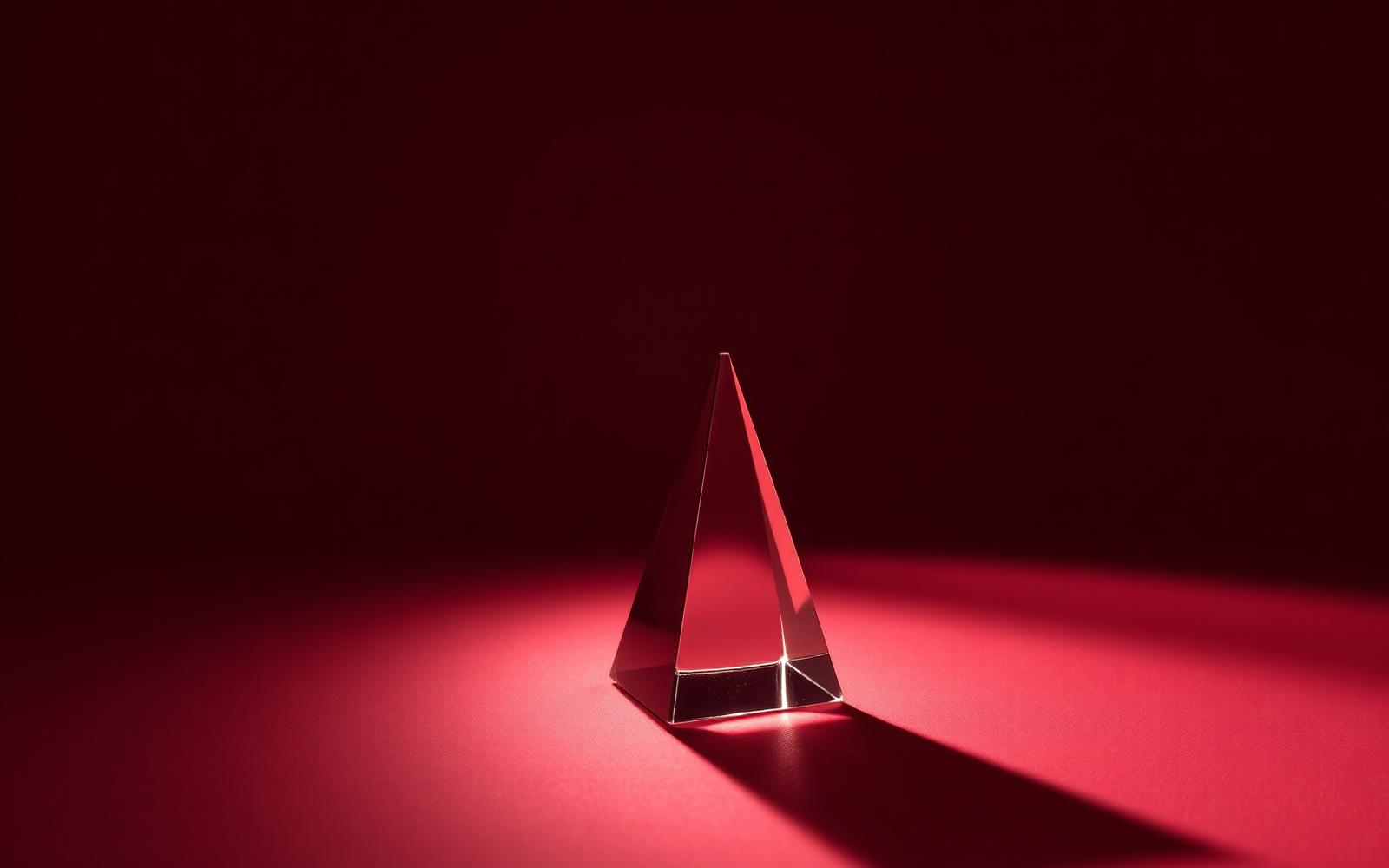Editorial still life — glass prism splitting warm light on oxblood.