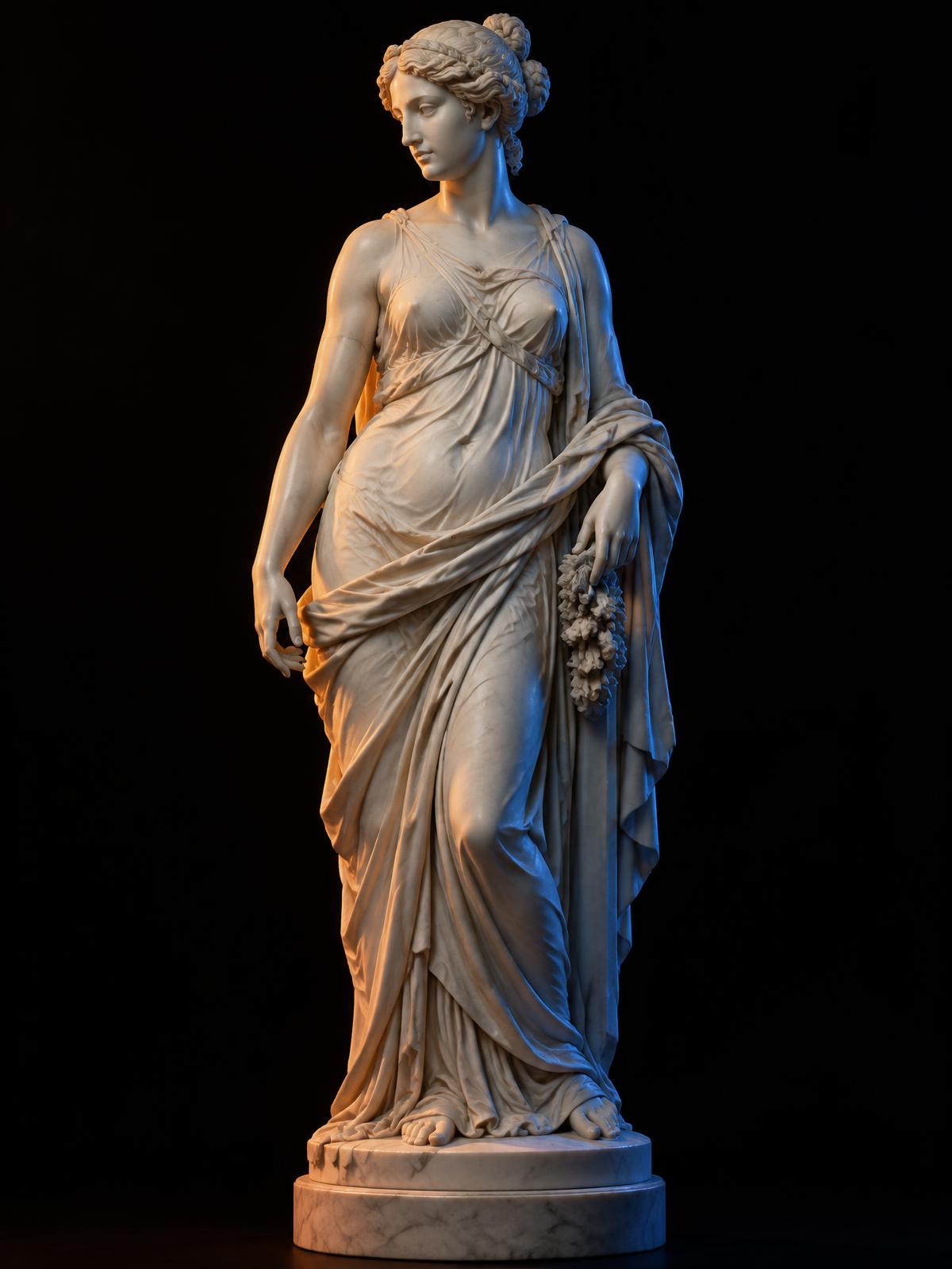 Classical marble figure lit in warm and cobalt light