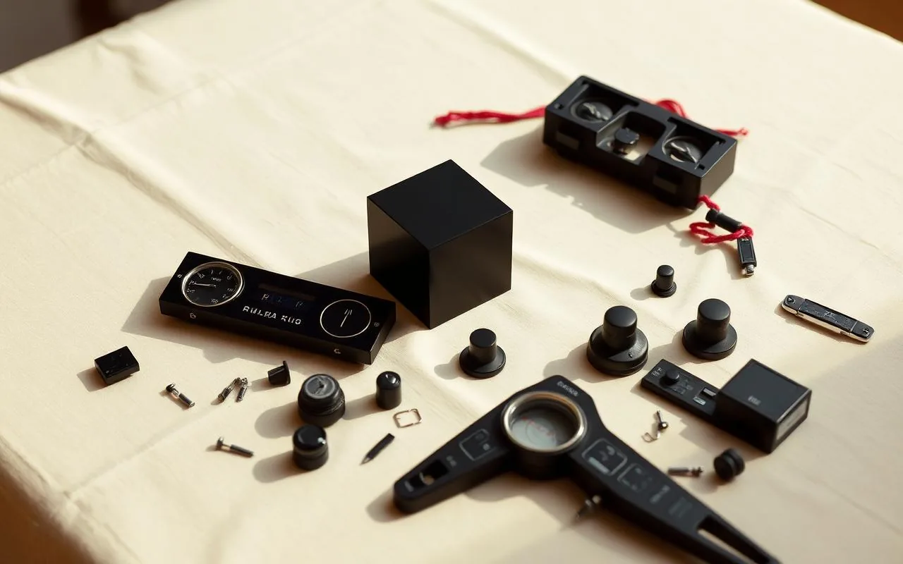 Editorial photograph — disassembled control panel on cream linen.