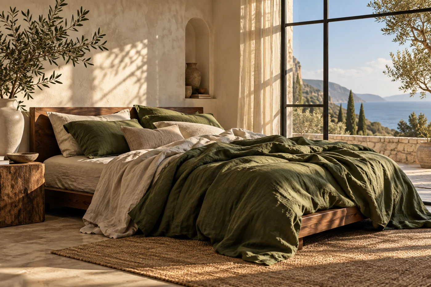 Sunlit bedroom with olive linen bedding