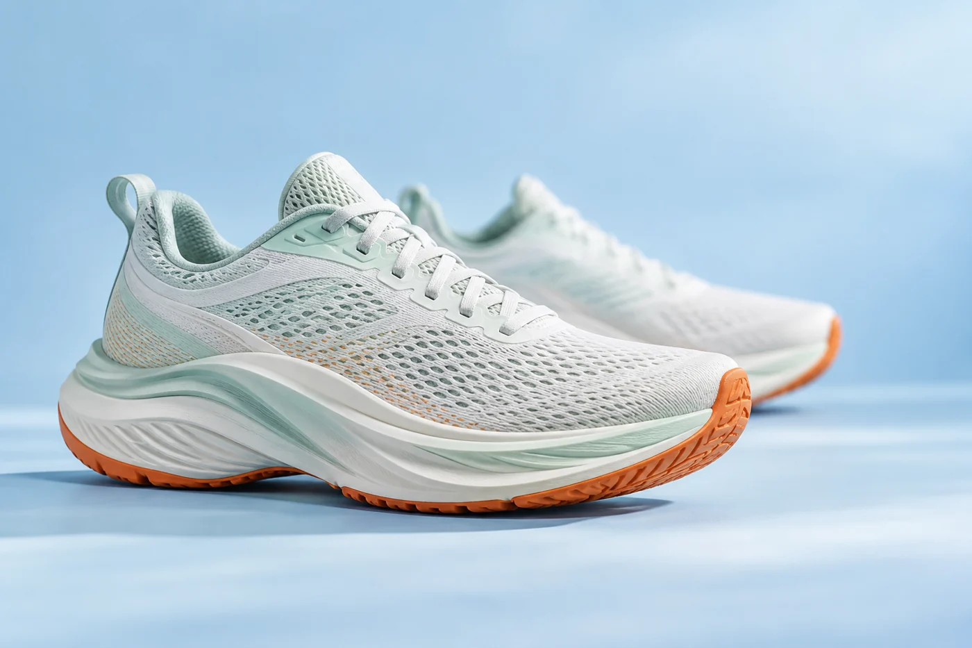 Pale blue running shoe with orange sole detailing