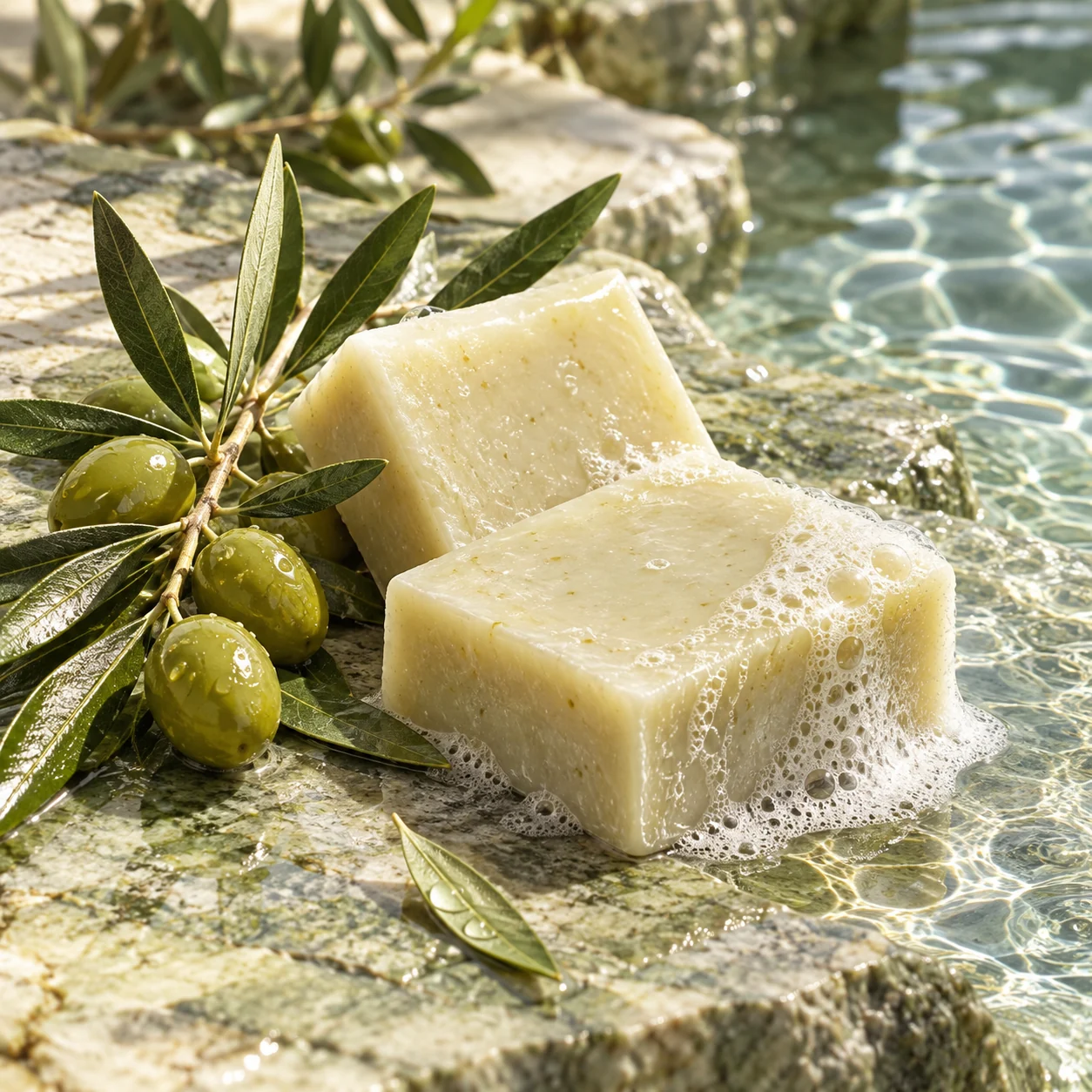 Olive oil soap bars with olive leaves in soft light
