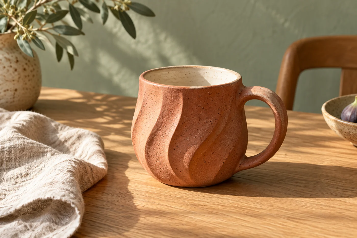 Handmade terracotta mug on a sunlit table